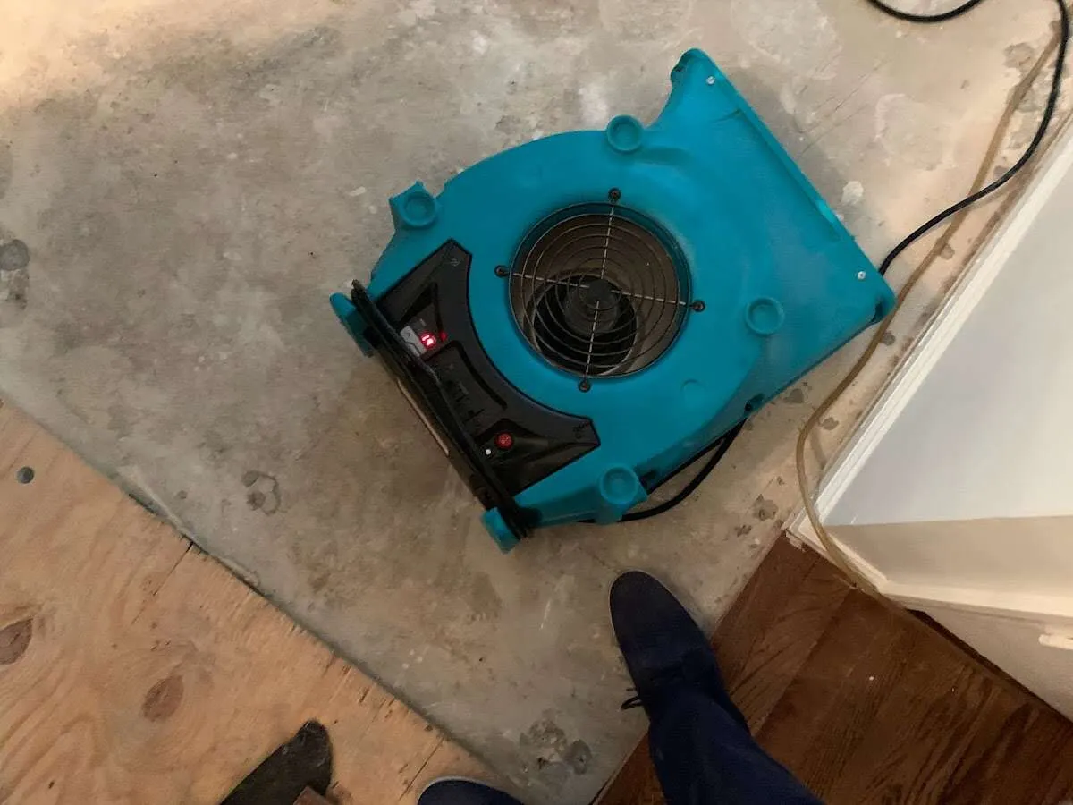 Air mover drying subfloor during Leak Detection & Repair in Haddonfield